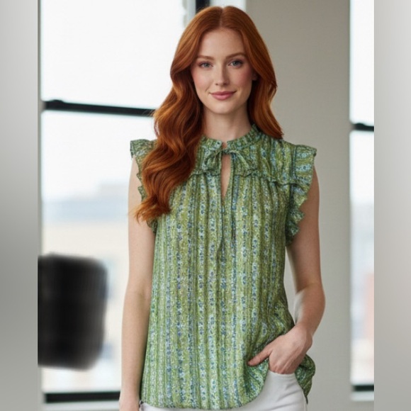 Maison D' Amelie Tops - Maison d’ Amelie of Paris Green lightweight Floral Ruffle  Blouse Boho Top Large